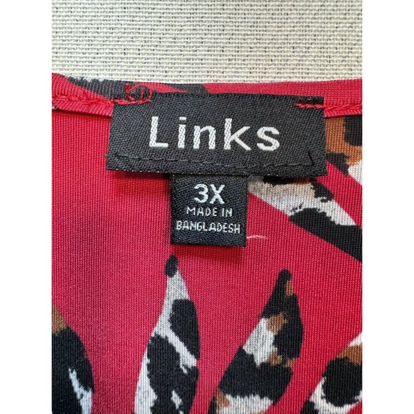 Links Womens Tunic Blouse Top Plus Size 3X Red Animal Print 3/4 Sleeves Retro - Picture 2 of 13